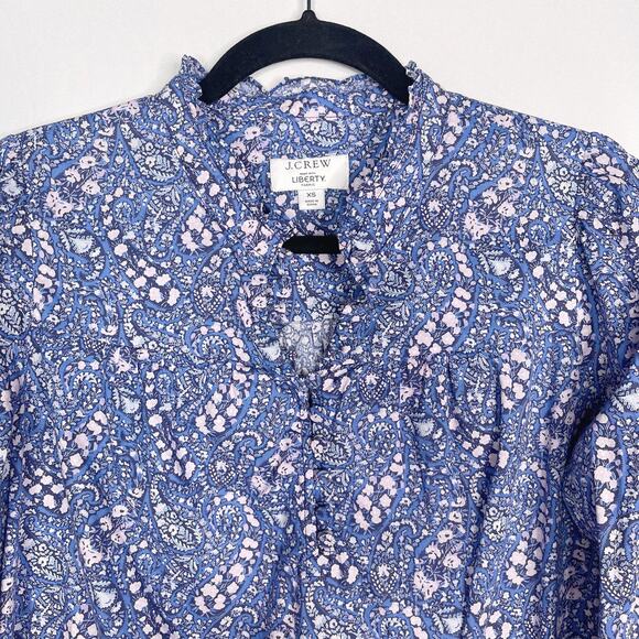 JCrew Women XS Blue Purple Button Front Ruffleneck Popover Liberty Bourton Bloom - Picture 3 of 11